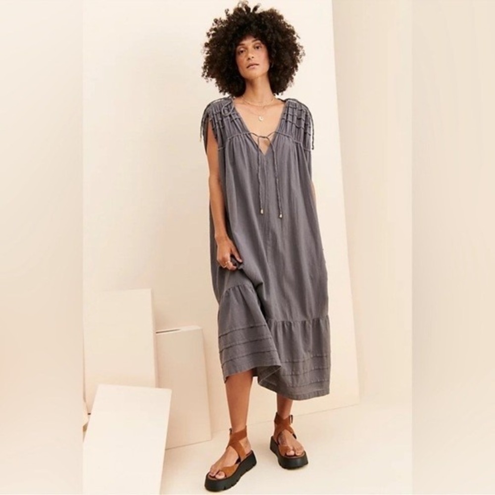 Free People In the Mood for This Gray Cotton Oversized Midi Dress Medium Boho